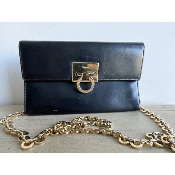Salvatore Ferragamo Gancini Black Leather Gold Tone Chain Crossbody Shoulder Bag - Picture 1 of 16